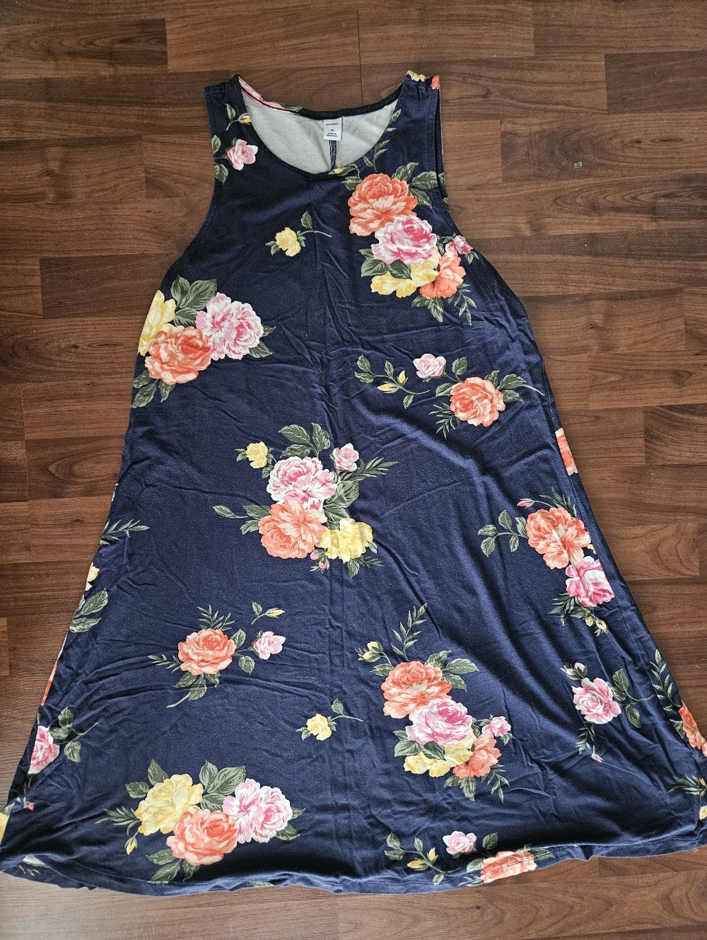 Old Navy Navy Floral Midi Dress with Coral, Pink, Yellow Blooms